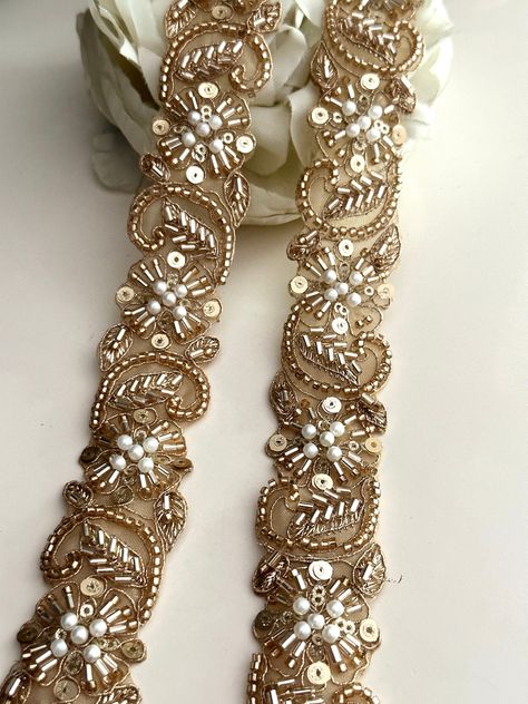 Embellish your designs with this stunning embellished pearl trim  that combine beautiful Glass bead accents. The Beautiful Hand Made Fringe Is Gothic and perfect for costume designers and add a touch of grandeur and opulence to your attire.  We are constantly adding new items and you will be sure to find our complete inventory with 1000's of designs at www.lacetrimssindia.com PLEASE NOTE : ALL ORDERS ARE SHIPPED FROM THE INDIA RETURN POLICY *All broken case can be re-sent or refund if the condit Fancy Laces, Lace Fancy, Hand Work Design, Sewing Lace, Border Embroidery Designs, Wedding Sash, Neckline Designs, Embroidery On Clothes, Indian Embroidery