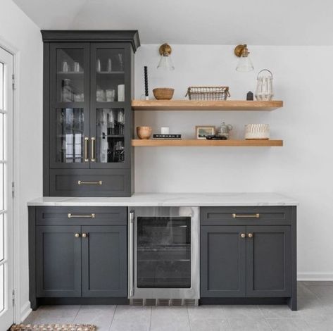 Media Room Dry Bar, Built In Coffee Bar Living Room, Custom Dry Bar, Charcoal Wet Bar, Black Cabinet Wet Bar, Wet Bar Open Shelving, Built In Storage Dining Room, Wetbar Remodel Ideas, Wet Bar Cabinet Ideas