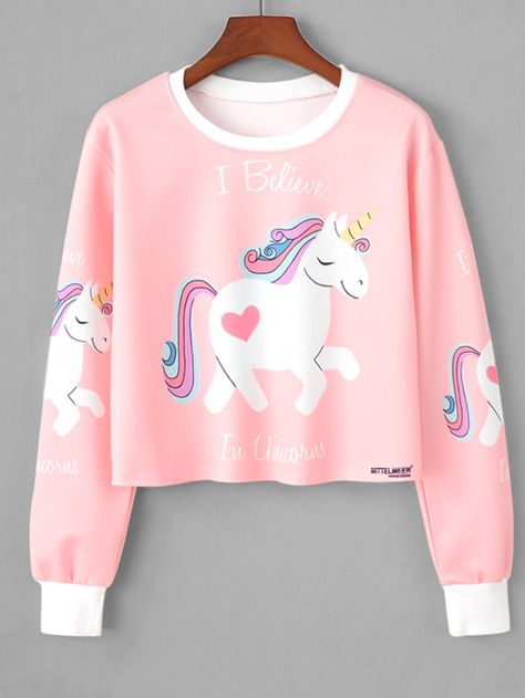 Shop Graphic Print Contrast Trim Sweatshirt online. SheIn offers Graphic Print Contrast Trim Sweatshirt & more to fit your fashionable needs. Pink Long Sleeve Crop Top, Unicorn Sweater, Unicorn Fashion, Harajuku Sweatshirt, Unicorn Outfit, Short Sweater, Styles Ideas, Girls Crop Tops, Crop Top Sweatshirt