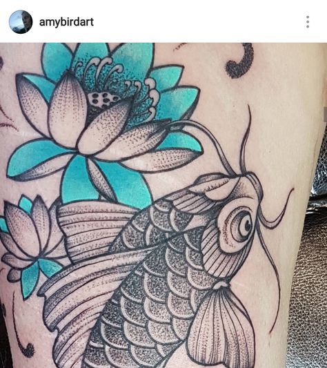 Detail of dotwork koi fish and teal/turquoise lotus tattoo by Amy Williams. Facebook: Amy Williams Tattoo. Instagram: @amybirdart Koi Fish Tattoo Traditional, Fish Tattoo Traditional, Koi Fish Tattoos, Japanese Dragons, Ma Tattoo, North Shields, Tattoo Instagram, Koi Tattoo, Blue Tattoo