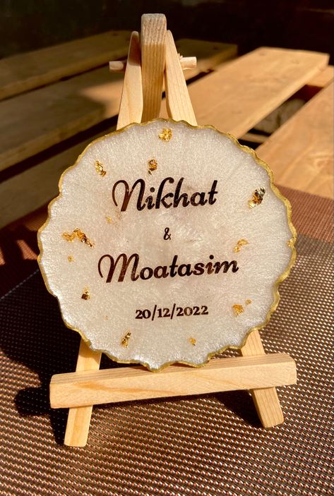 Customised name Size :4inch Wood stand Resin Name Stand, Resin Arts, Personalized Wedding Decor, Resin Products, Diy Birthday Gifts For Friends, Bridal Makeup Natural, Resin Frame, Wedding Invitation Card Design, Resin Design