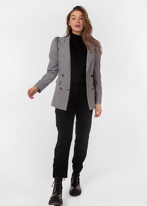 #outfit #2021 #fashion #outfitinspiration #looks #outfitinspo #prespring #allblack #leather #checkered #outfitcheck Black And White Blazer, Checked Blazer, 2021 Fashion, All Black Outfit, Puffy Sleeves, White Blazer, Double Breasted Blazer, Black Outfit, Work Outfits