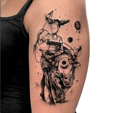 Delicate Sagittarius and Taurus sleeve tattoo. Couple Wrist Tattoos, Sagittarius Tattoo Designs, Sagittarius Tattoo, Astrology Tattoo, Horoscope Tattoos, Capricorn Tattoo, Bull Tattoos, Taurus Tattoos, Aries Tattoo