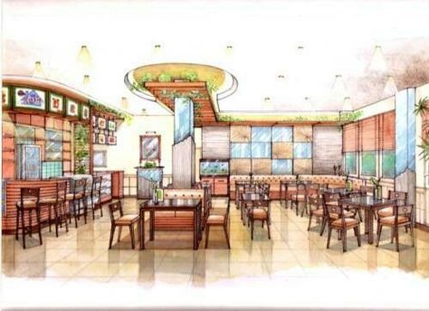 Cafe Comforts: Interior Design Reverie Interior Architecture Sketch, Interior Design Sketchbook, Perspective Sketch, Furniture Design Sketches, Desain Pantry, Hotel Floor, Interior Design Renderings, Interior Architecture Drawing, Drawing Interior