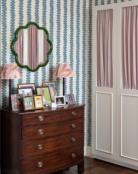 Scalloped Mirror, Brown Furniture, Standard Wallpaper, Painted Paneling, Spare Bedroom, Wardrobe Doors, Fabric Panels, Interior Design Projects, Luxury Fabrics