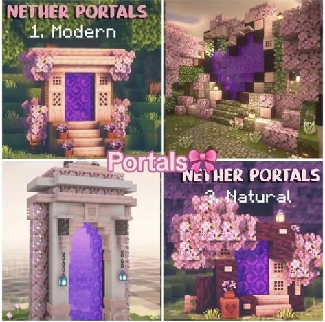 Minecraft Portal Design Cherry Blossom, Cherry Blossom Nether Portal, Casas Mine, Nether Portal Design, Minecraft Heart, Minecraft Barn, Minecraft Portal, Minecraft Castle Designs, Modded Minecraft