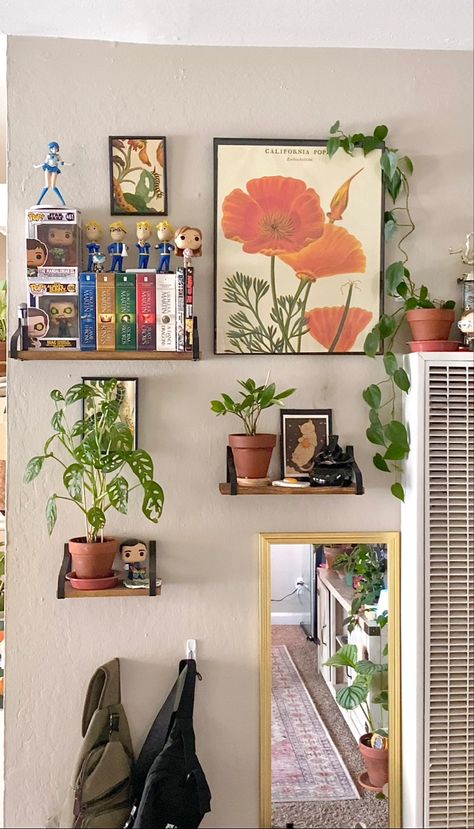 Indoor Plant Wall Shelves Bedroom, Plants In Bedroom Wall Shelves, Plant And Gallery Wall, Gallery Wall With Shelves And Plants, Bedroom Gallery Wall With Shelves, Plant Wall Apartment, Maximalist Decor Plants, Plant And Art Wall, Indoor Plants Styling Bedroom