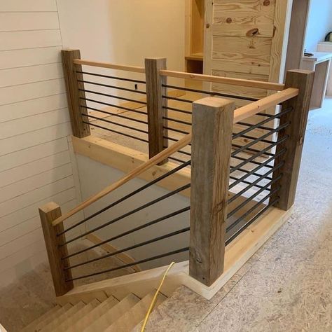 Pine Wood Staircase Railing, Rustic Metal Stair Railing, Diy Stairs Railing Makeover Cheap, Modern Rustic Stair Railing, Railings For Stairs Horizontal, Rustic Loft Railing, Inexpensive Railing Ideas, Basement Stairway Railing Ideas, Banister Alternatives