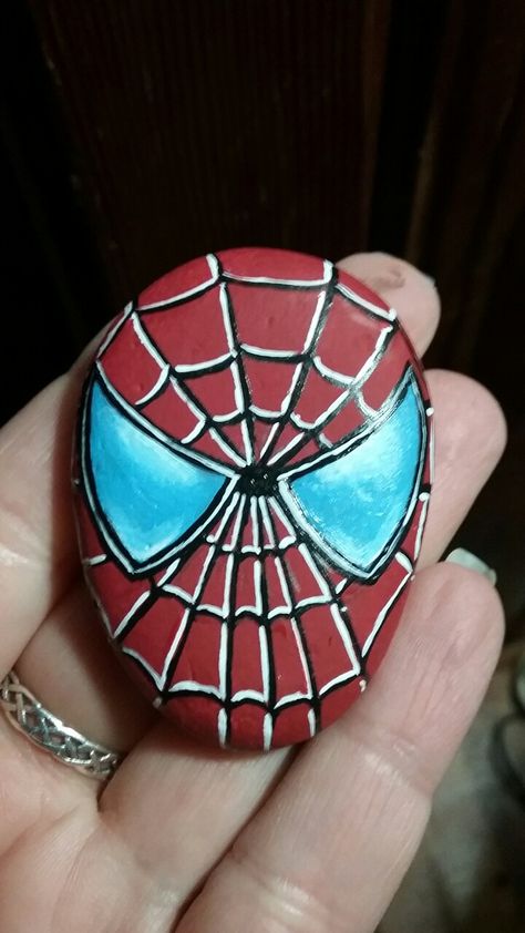 Spiderman painted rock- kindness rocks project Spider Man Rock Painting, Kindness Rocks Project, Spiderman Drawing, Diy Rock Art, Stone Art Painting, Cute Furniture, Inspiration Painting, Comic Cover, Kindness Rocks