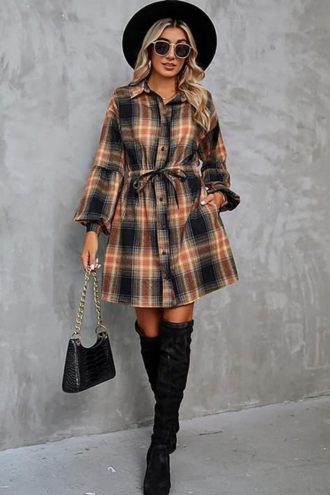 This plaid dresses for women featuring trendy puff sleeve,turn-down collar, unique drawstring waist belt, two side pockets, close to knee length, flannel dress is classical and elegant, also the great piece for fall fashion. Design: Button down shirt dress for women can be worn as drawstring A-line dress or flannel long jacket. Tunic dress is must-have item in every women or girl wardrobe. Casual loose style, fit for most body shapes. #ad Womens Plaid Dress, Shirt Dress For Women, Plaid Dresses, Flannel Dress, Button Down Shirt Dress, Puff Sleeve Dress, Stunning Outfits, Girls Wardrobe, Tops And Bottoms