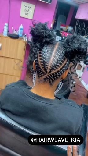 Updo Stitch Braids, Cornrow Up In Two Hairstyles, How To Braid Into Ponytail, Stitch Braid Updo Ponytail, Cute Stitch Braids With Curls, Feed In Ponytail Kids, Easy Stitch Braid Hairstyles, Kid Stitch Braid Styles, Updo Braids For Black Hair Ponytail