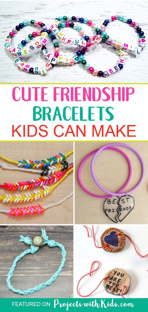 Fun and unique friendship bracelet ideas kids will love to make for their BFF's! Friendship bracelets make a great summer camp, playdate or birthday party craft. #kidscrafts #friendshipbracelets #projectswithkids Friendship Bracelets Kids, Cute Diy Friendship Bracelets, Kids Friendship Bracelets, Friendship Bracelets For Kids, Friendship Week, Friendship Bracelet Ideas, Friendship Crafts, Diy Friendship Bracelets, Bracelets Kids