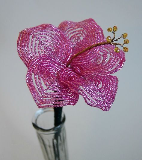 Pink French Beaded Hibiscus - Made to Order Arcata California, Country Nature, Seed Bead Flowers, French Beaded Flowers, Afghan Throw Blanket, Wire Trees, Pink French, Wire Flowers, Welcome To My World