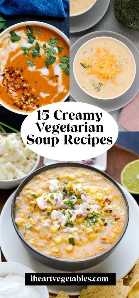 If you’re looking for creamy vegetarian soup recipes, here are 15 delicious ideas to tempt your tastebuds! All of these satisfying recipes are meat free but packed with flavor. They’re easy to make with ingredients you probably already have in your pantry and some of these recipes can be made vegan! Vegetarian Tomato Soup, Meatless Soups, Vegetarian Tortilla Soup, Satisfying Recipes, Soup Recipes Healthy Vegetarian, Cheesy Cauliflower Soup, Taco Side Dishes, Potato Soup Easy, Vegetarian Instant Pot