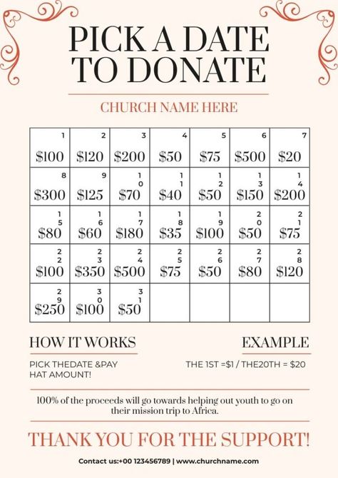 Ornamental Church Fundraiser Calendar Calendar Fundraiser Template, Calendar Fundraiser, Fundraising Calendar, Church Fundraisers, Make Your Own Calendar, Calendar Layout, Money Saving Challenge, Savings Challenge, Calendar Template