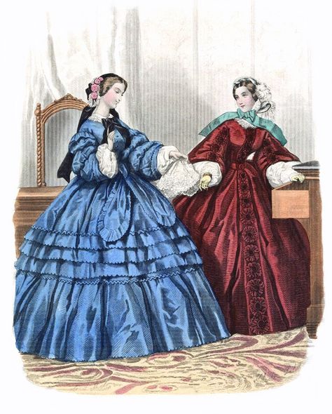 "1850's fashion plate. Cards are printed on Warm White 80 lb. cover stock and come with matching envelopes. They come in three sizes- 3.5\" x 5\" when folded, 4.5\" x 5.5\" when folded, and 5\"x 7\" when folded. They can be ordered in ten packs, and you can add your own message, use one of ours, or leave them blank. Now available in Postcards printed on 4\" x 6\" 100 lb. warm white cover stock. Postcards do not come with envelopes. They make great invitations or announcements and can be framed a Meg March, 1850s Fashion, 1800s Fashion, Fashion Illustration Vintage, 19th Century Fashion, White Cover, Victorian Clothing, Postcard Printing, Illustration Vintage