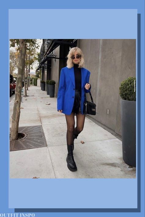 Blue Blazer Winter Outfit, Black Boots Office Outfit, Cobalt Blue And Black Outfit, Electric Blue And Black Outfit, Cobalt Blazer Outfit, Cobalt Blue Blazer Outfit, Electric Blue Blazer Outfit, Cobalt Blue Jacket Outfit, Cobalt Blue Blazer Outfits For Women