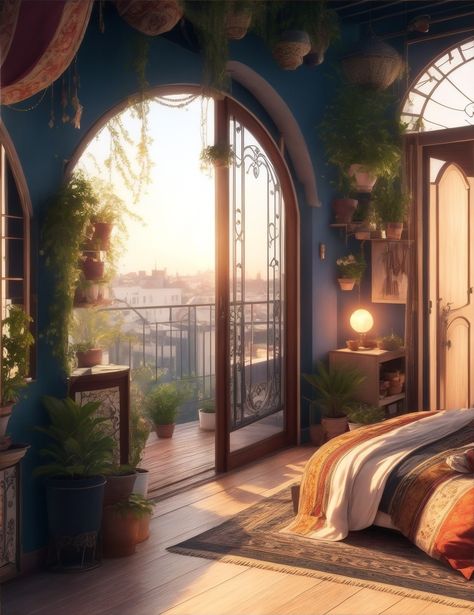 An aesthetically artistic bohemian bedroom with a balcony, beautiful view from the balcony. Bed Facing Balcony, Bedrooms With Balconies, Bedroom Views Nature, Bedroom With A Balcony, Nature Themed Bedroom, Cottage Mansion, Bedroom With Balcony, Dreamscape Architecture, Big Balcony