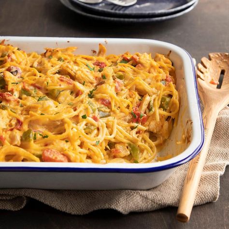 This recipe for Texas chicken spaghetti was given to me years ago by a favorite sister-in-law, a wonderful cook. My whole family has the recipe and enjoys it too. It is easy to freeze or it can be made the day before and kept in the fridge. You can use two cans of cream of mushroom soup instead of one mushroom and one chicken. —Virginia Chamblin, Youngsville, Louisiana The post Texas Chicken Spaghetti appeared first on Taste of Home. Texas Chicken Spaghetti, Texas Chicken, Chicken Spaghetti Recipe, Southwestern Recipes, Chicken Spaghetti Recipes, Favorite Casseroles, Spaghetti Recipe, Cooking Chicken To Shred, Chicken Spaghetti