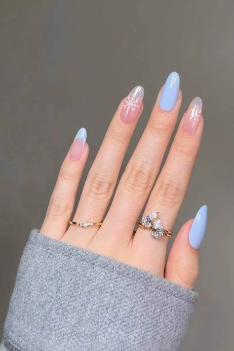 60+ Classy Winter Nails & Winter Nail Trends Explained Winter Nails Not Acrylic, Aesthetic Acrylic Nail Ideas, Nail Ideas Almond Shape Winter, Icy French Tip Nails, Chic Blue Nails, Nail Inspos On Short Nails Almond, Blue Winter Nail Designs Almond, Nails Ideas Winter 2024, French Tip Winter Nails Art Designs