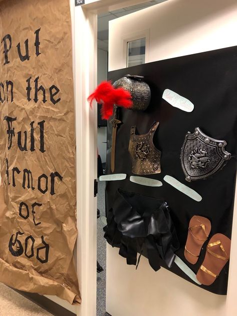 Armor Of God Belt Of Truth Craft, Armor Of God Vbs Decorations Diy, Armor Of God Vbs Decorations, Sunday School Themes, Shoes Of Peace, The Belt Of Truth, Kingdom Vbs, Church Trunk, Peace Crafts