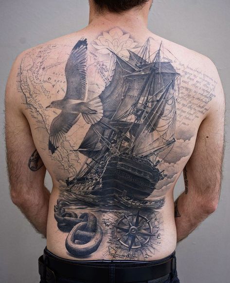 Sailing themed back tattoo by Denis Torikashvili, an artist at Vatican Studios in Lake Forest, California. Sailing Themed Back Tattoo first appeared on Best Tattoo Ideas For Men & Women. https://tattoo-ideas.com/sail-back/ Nautical Leg Sleeve, Fisherman Aesthetic, 500 Tattoo, Teen Tattoos, Best Tattoo Ideas For Men, Samurai Warrior Tattoo, Cool Back Tattoos, Aesthetic Tattoos, Taurus Tattoos