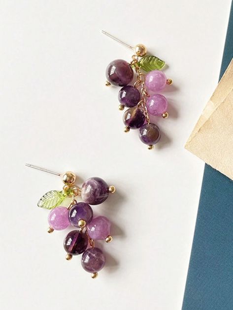 2pcs Korean Style Purple Natural Stone Grape Shaped Earrings Cute Fruit Studs For Unpierced Ears Women Ear Clips | SHEIN USA Grape Accessories, Grape Earrings, Ear Clips, Cute Fruit, Earrings Cute, Bracelet Patterns, Resin Jewelry, Natural Stone, Natural Stones