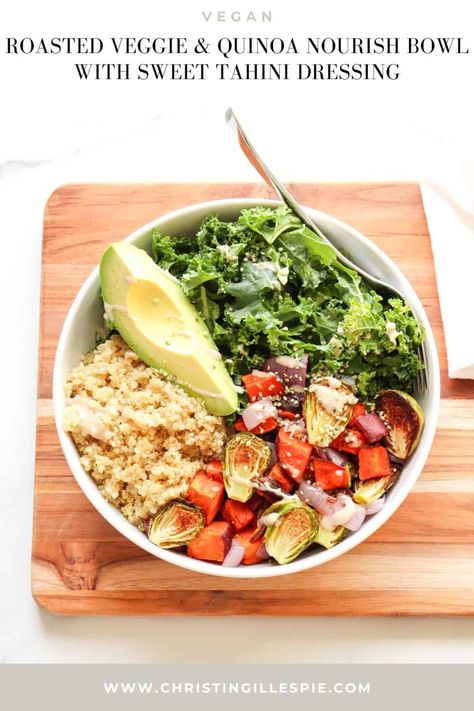 This Roasted Veggie & Quinoa Nourish Bowl with Sweet Tahini Dressing is a delicious & healthy recipe that is super easy to make. It features roasted vegetables, nutty quinoa, massaged kale, creamy avocado, and a sweet tahini dressing. Enjoy this creation for a wholesome weeknight meal. Quinoa Salad Recipes Cold, Quinoa Salad Recipes Healthy, Best Quinoa Salad Recipes, Cold Quinoa Salad, Quinoa Salad Recipes Easy, Easy Quinoa Salad, Veggie Quinoa, Tahini Dressing Recipe, Sweet Potato Recipes Healthy