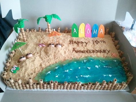 Cake Ideas Beach, Hawaiian Cake, Pool Cake, Beach Themed Cakes, Ocean Cakes, Beach Birthday Party, Beach Cakes, Vanilla Buttercream Frosting, Luau Birthday