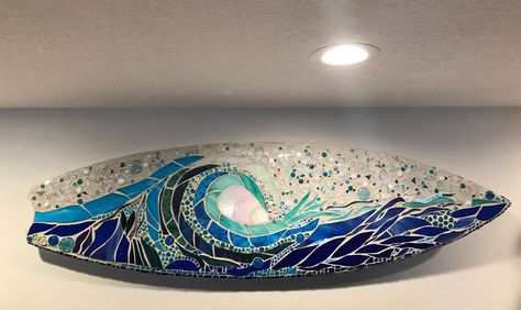 Opi Nalu bending wave | Etsy Mosaic Waves, Deco Surf, Stained Glass Mosaic Art, Surfboard Decor, Surfboard Wall Art, Melbourne Beach, Custom Surfboards, Surfboard Wall, Glass Mosaic Art