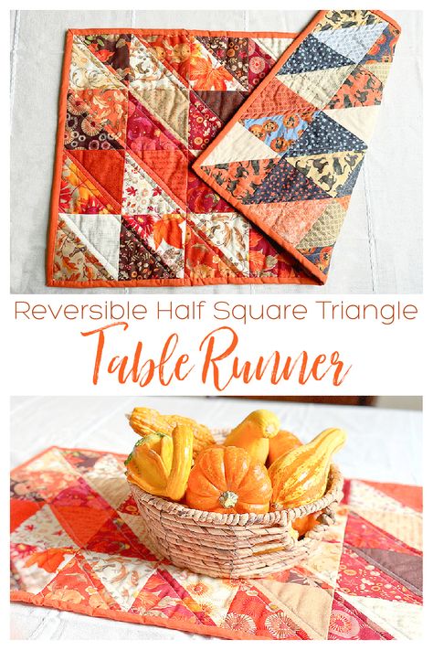 Sew a reversible table runner made of half square triangles using 2 charm packs. One side is for fall, the other side for Halloween. Half Square Triangle Table Runner, Triangle Table Runner, Denim Table Runner, Triangle Table, Chunky Crochet Hat, Reversible Table Runner, Crochet Hat With Brim, Sew Quilt, Crafts Fall