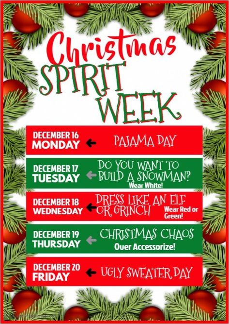 Work Christmas Dress Up Days, Grinch Spirit Week, Winter Spirit Days, Christmas Spirit Week Ideas For Kids, Christmas School Themes, 12 Days Of Christmas Spirit Week, Christmas Week Ideas School, Christmas Week Ideas For Work, Holiday Dress Up Spirit Week