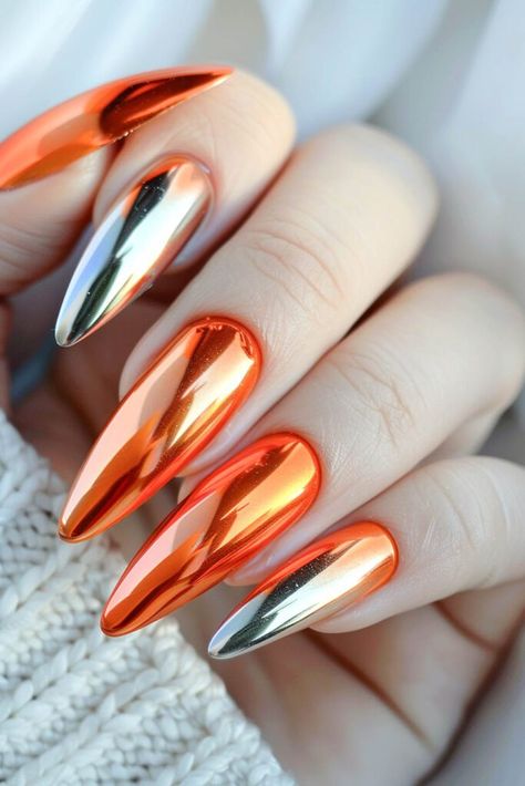 Orange Chrome Acrylic Nails, Trendy Chrome Nails, Saved Nails, Black Nails Chrome, Chrome Acrylic Nails, Unique Nail Ideas, Nail Designs Almond, Red Chrome Nails, Orange Nail Art