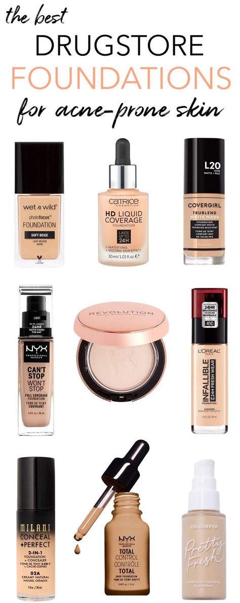 Best Drugstore Foundations For Acne-prone Skin Acne Safe Foundation Drugstore, Acne Safe Makeup Products Drugstore, Acne Safe Skin Tint, Acne Safe Makeup, Best Foundation For Acne, Best Drugstore Foundation, Safe Makeup, Acne Prone Skin Care, Foundation For Oily Skin