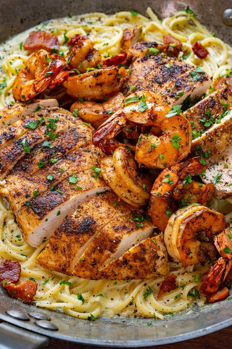 Chicken And Shrimp Carbonara, Chicken And Shrimp Alfredo, Chicken Carbonara Recipe, Easy Cajun, Chicken Carbonara, Carbonara Sauce, Cajun Dishes, Cajun Creole Recipes, Chicken Shrimp