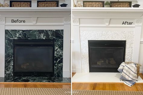 Fireplace Makeover - Before and After Paint Over Marble Fireplace, How To Cover Marble On Fireplace, Fireplace Marble Makeover, Painting Over Marble Fireplace, Gas Fireplace Makeover Tile, Paint Marble Fireplace Surround, Tile Over Marble Fireplace Surround, Cover Marble Fireplace, Green Marble Fireplace Makeover