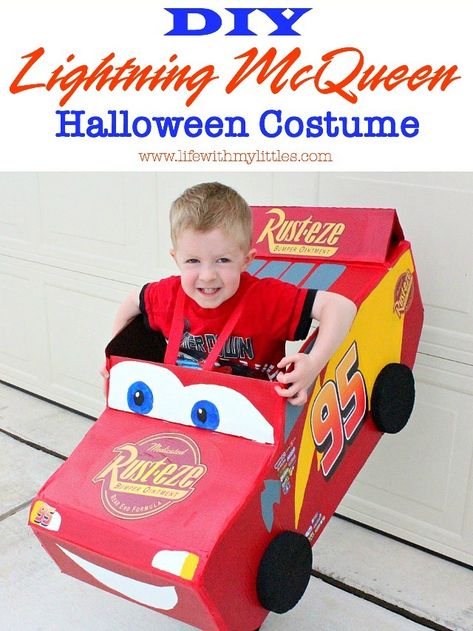 DIY Lightning McQueen Costume - Life With My Littles Diy Lightning Mcqueen, Mcqueen Costume, Cars Halloween Costume, Lightning Mcqueen Costume, Diy Costumes Kids Boys, Car Costume, Halloween Infantil, Diy Costumes Kids, Kids Costumes Boys