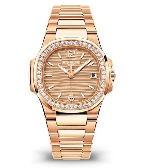 Patek Philippe | Nautilus Date & Golden Dial Full Rose Gold 7010/1R-012 Patek Philippe Women, Bracelet Or Rose, Patek Philippe Watches, Swiss Army Watches, Invicta Watches, Rose Gold Case, Women Watches, Patek Philippe Nautilus, Rose Gold Bracelet