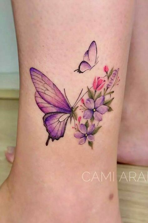 Butterfly Flowers Tattoo, Butterfly Ankle Tattoos, Friends Tattoos, Feather Tattoo Colour, Nature Tattoo Ideas, Leg Sleeve Tattoos, Colorful Butterfly Tattoo, 2024 Tattoo, Butterfly With Flowers Tattoo