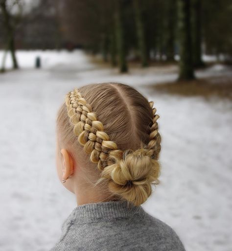 Braids Into Messy Bun, Dancer Hairstyles, Hair Ideas For Kids, Gymnastics Hairstyles, Braided Hair Ideas, Circus Hair, Dance Competition Hair, Five Strand Braids, Bun Braid