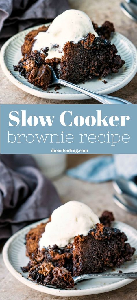 Brownie Crockpot Recipe, Crock Pot Brownies Slow Cooker, Brownies In The Crockpot, Easy Slow Cooker Desserts, Brookie Crockpot Dessert, Crockpot Brownies Box Slow Cooker, Crockpot Brookies, Crockpot Deserts Recipes, Christmas Crockpot Recipes Desserts