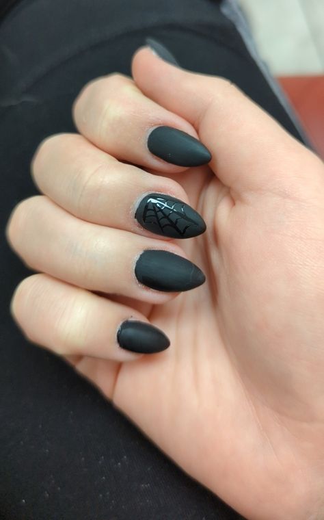 Matte Black Spiderweb Nails, Black Spiderweb Nails, Stiletto Almond Nails, Spiderweb Nails, Spider Nails, Spiderweb Design, Sharp Claws, Matte Black Nails, Black Matte