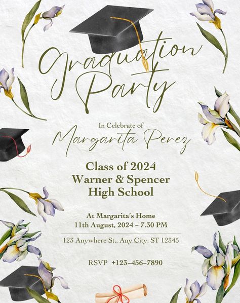 White Floral Graduation Party Evite #Vfccreativedesigns #DigitalInvitations #InvitationDesign #Cutedesigns #Partyevites #birthdayevites #graduationevite Grad Party Theme, Graduation Party Cards, Floral Graduation Party, Graduation Invitation Cards, Fedex Office, Graduation Party Planning, Grad Invitations, Graduation Invitation, White Florals