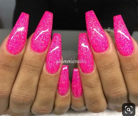 Bright Pink Nails, Pink Glitter Nails, Hot Pink Nails, Pink Nail Polish, Makeup Hacks, Pink Nail, Nail Designs Glitter, Pink Acrylic Nails, Coffin Nails Designs