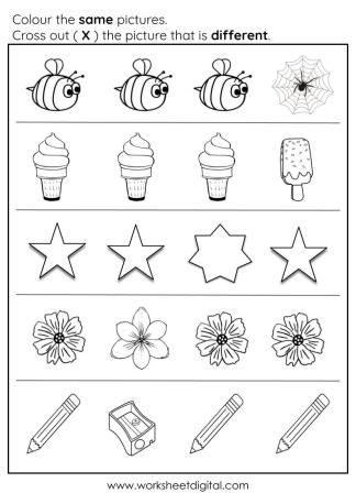 Colour the same pictures and cross out the picture that is different. Comparing Numbers Kindergarten, Pre Algebra Worksheets, Same And Different, Fun Worksheets For Kids, Mathematics Worksheets, Kids Worksheets Preschool, Preschool Math Worksheets, Algebra Worksheets, Preschool Activities Toddler