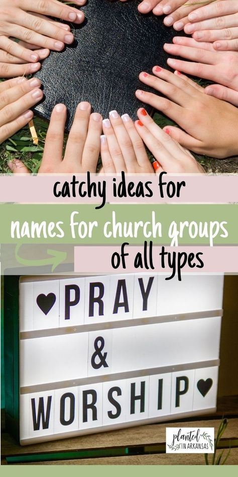 Coming up with a church group name can be tricky! Check out this list of church group name ideas and tips! We've got church youth group names ideas, womens church group names, small group names for church, church outreach group names, men's ministry ideas and names, etc. Whether you need kids ministry names, youth ministry names, women's ministry names, life group names, young adult ministry names, or men's ministry names, we have ideas for you! Names For Bible Study Groups, Christian Ministry Ideas, Senior Ministry Ideas, Christian Small Group Ideas, Women’s Ministry Group Names, Bible Study Names Ideas, Cute Bible Study Group Names, Christian Group Chat Names Ideas, Young Adult Ministry Names