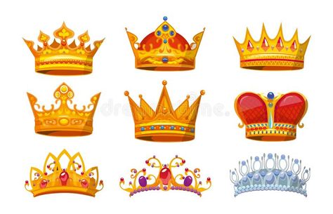 Set of colorful crowns in cartoon style. Royal crowns from gold for king, queen and princess.Crown awards collection for winners vector illustration Gold King Crown, Queen And Princess, Imperial Symbol, Crown Vector, Crown Silhouette, King And Queen Crowns, Beard Logo, Crown Illustration, Princess Illustration