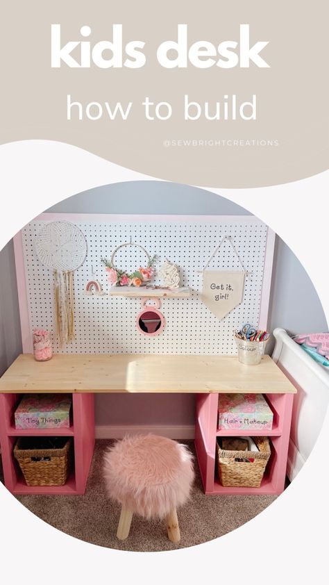 How to make a kids desk. Weekend DIY project. DIY KIDS DESK. Girls bedroom. Girl bedroom decor. DIY art table for kids. Kids bedroom desk. How to build lego desk. Craff desk. Kids pink desk. Pink furniture. Toddler Drawing Desk, Toddler Desk Area In Bedroom, Diy Kid Vanity, Kids Vanity Diy Girls Bedroom, Girls Desk Ideas, Diy Kids Vanity, Art Table For Kids, Kids Bedroom Desk, Diy Art Table