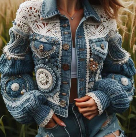 Mode Mantel, Gilet Crochet, Boho Denim, Form Crochet, Crochet Clothing And Accessories, Denim Ideas, Upcycle Jeans, Denim Crafts, Embellished Denim