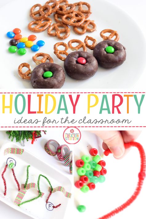 Fill your classroom with these fun and engaging holiday class party ideas! These are easy to prep and so fun to complete. Party ideas range from fun snack ideas to STEM activities! #classroom #holidayactivities #elementaryclassroom Class Holiday Party Snacks, Christmas Party Ideas For Classroom, Christmas Party Stations School, Class Christmas Party Ideas Room Mom, Kindergarten Holiday Party Ideas, Class Party Snack Ideas, Kindergarten Christmas Party Ideas, Holiday Class Party Ideas, 3rd Grade Christmas Party